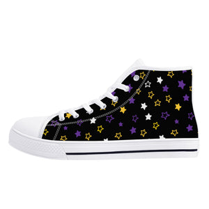 NerdyKeppie Scattered Stars Canvas High Top Non-Binary Pride Sneakers. A pair of non-binary pride sneakers with a scattered stars print. Available from US Women's 5 to US Men's 14!