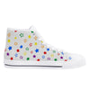 NerdyKeppie Scattered Stars High-Top Canvas Rainbow Gay Pride Sneakers - White. A canvas high top sneaker with a scattered stars design on it in gay pride colors. These rainbow gay pride sneakers also come with black soles on request.