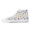 NerdyKeppie Scattered Stars High-Top Canvas Rainbow Gay Pride Sneakers - White. A canvas high top sneaker with a scattered stars design on it in gay pride colors. These rainbow gay pride sneakers also come with black soles on request.