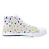 NerdyKeppie Scattered Stars High-Top Canvas Rainbow Gay Pride Sneakers - White. A canvas high top sneaker with a scattered stars design on it in gay pride colors. These rainbow gay pride sneakers also come with black soles on request.