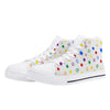 NerdyKeppie Scattered Stars High-Top Canvas Rainbow Gay Pride Sneakers - White. A canvas high top sneaker with a scattered stars design on it in gay pride colors. These rainbow gay pride sneakers also come with black soles on request.