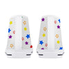 NerdyKeppie Scattered Stars High-Top Canvas Rainbow Gay Pride Sneakers - White. A canvas high top sneaker with a scattered stars design on it in gay pride colors. These rainbow gay pride sneakers also come with black soles on request.