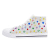 NerdyKeppie Scattered Stars High-Top Canvas Rainbow Gay Pride Sneakers - White. A canvas high top sneaker with a scattered stars design on it in gay pride colors. These rainbow gay pride sneakers also come with black soles on request.